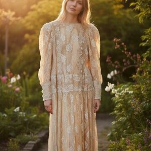 Vintage 80s Cachet by Bari Protas Lace Bridal Prairie Ivory Boho Romantic  Dress